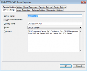 Properties of a single server. The display name includes the site code and server name. The comment includes all the SCCM roles the server has installed.