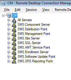 The list of Connection Groups. One normal group that includes all servers, and one smart group for every role present in SCCM.